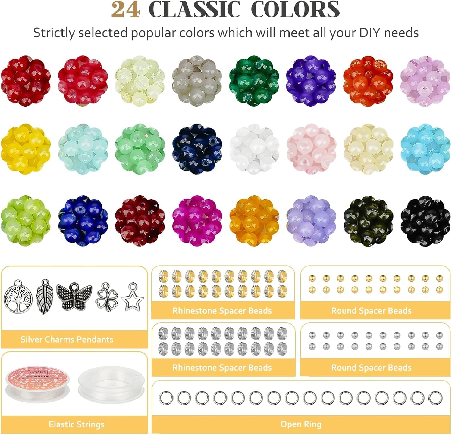 6mm Glass Beads Bracelet Making Kit 1400pcs, 24 Colors Crystal Beads for Jewelry Making Round Beads DIY Crafts with Spacer Beads Charms Accessories - Image 2